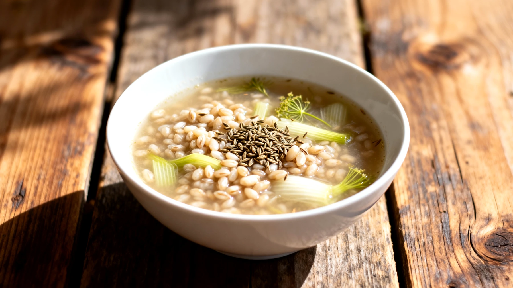 Zuppa di orzo e finocchio con semi di cumino"
